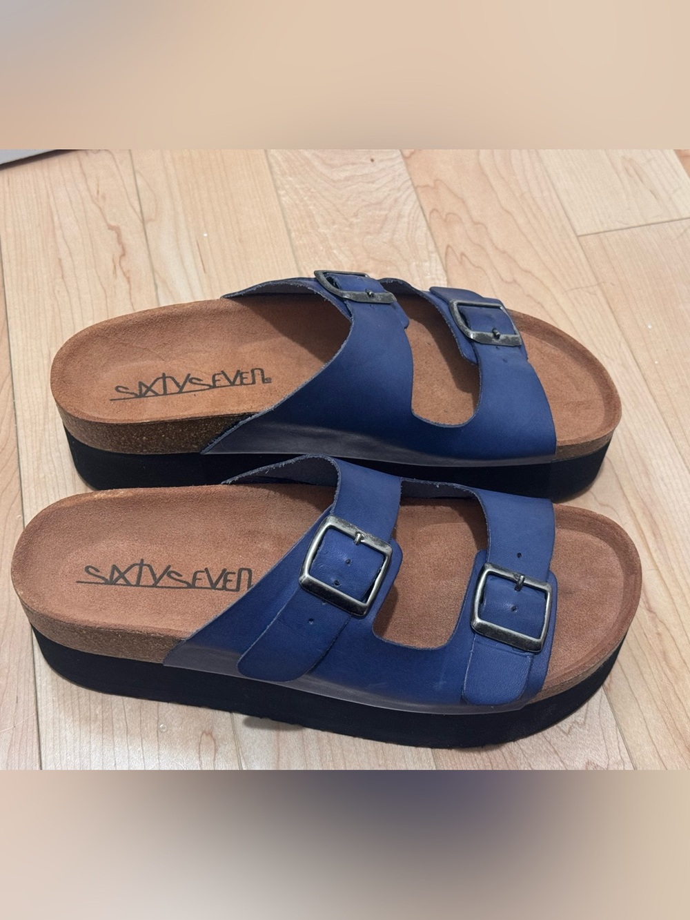 Sixtyseven Blue Double Buckle Comfort Slides